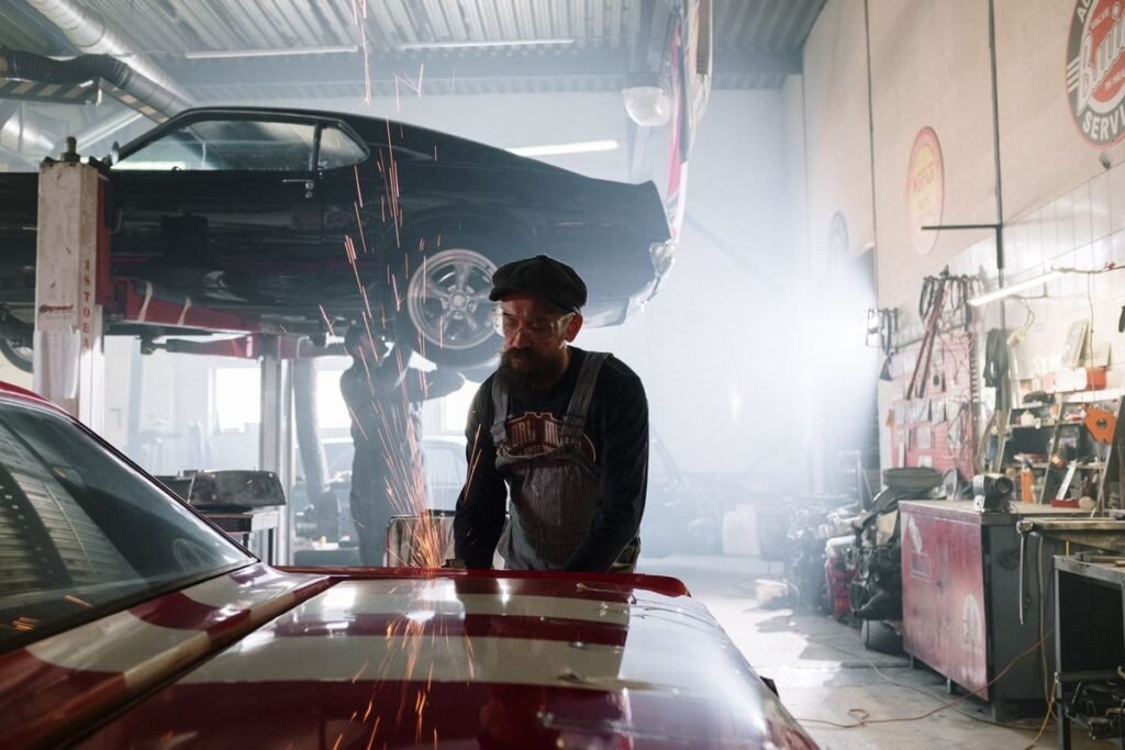 Vehicle raised inside a repair shop service bay